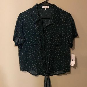 Green Short Sleeved Front Tie Button-Up